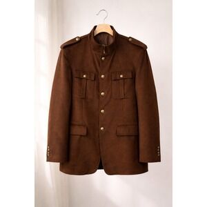 Mens Brown Wool Blend Military Field Jacket Stand Collar Gold Crest Buttons XL